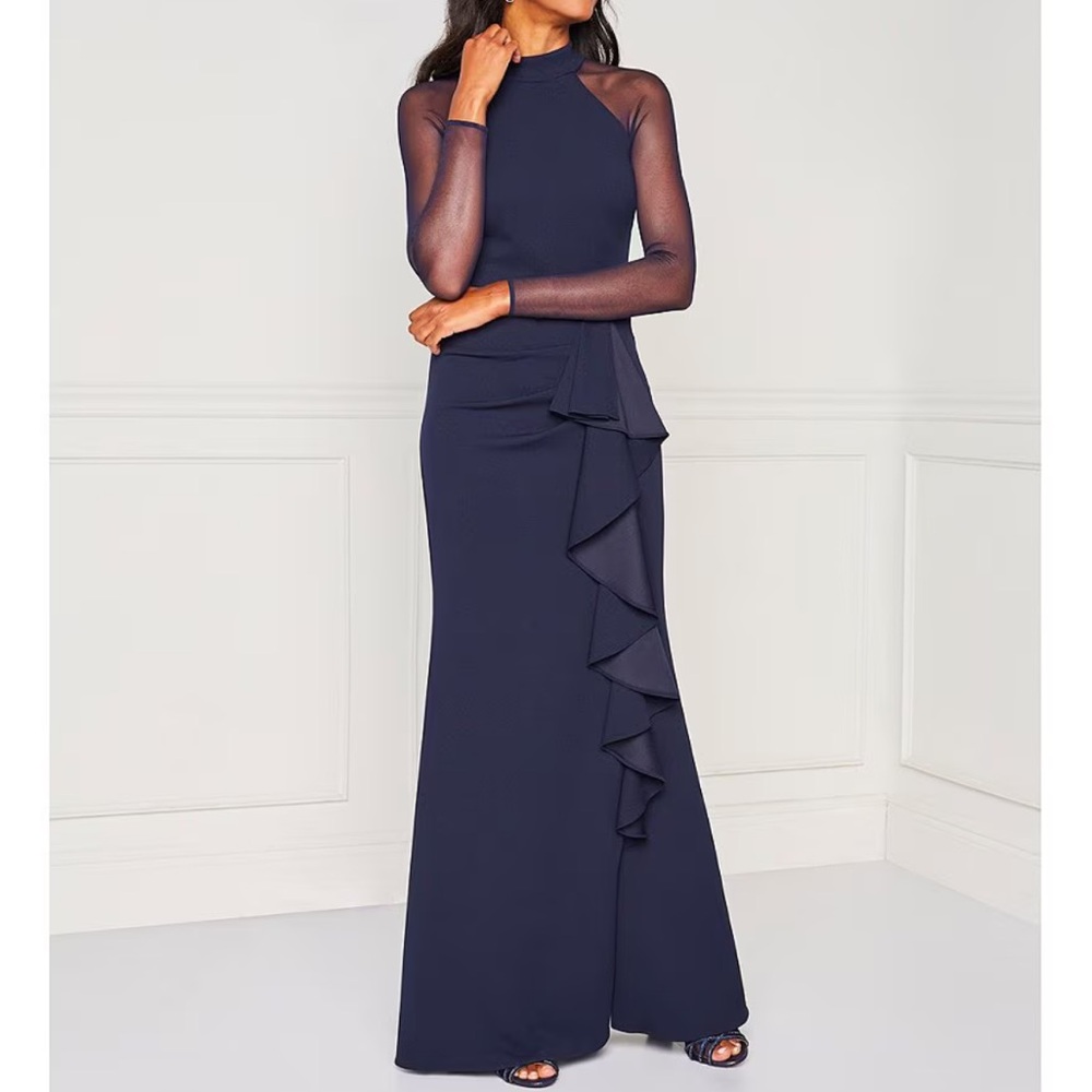 Betsy & Adam Navy Long Sleeve Gown